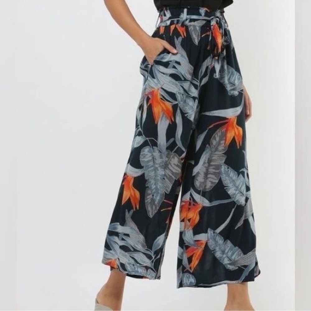 Patrons of Peace Black Wide-Leg Tropical Pants with Orange Accents